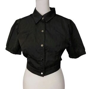 Kittenish Black Short Sleeve Snap Closure Collar Stylish Cropped Jacket Sz Small
